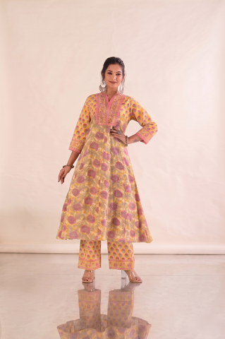 Floral Block Print Anarkali Cotton Suit Set - Yellow