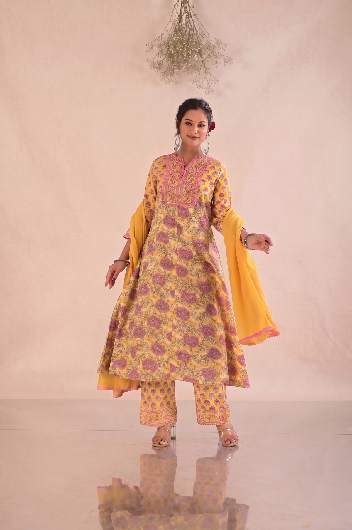 Floral Block Print Anarkali Cotton Suit Set - Yellow