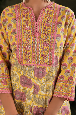Floral Block Print Anarkali Cotton Suit Set - Yellow