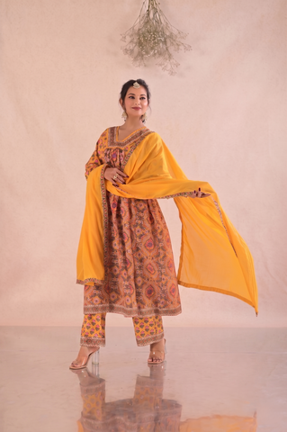 Floral Block Print Anarkali Gathered Cotton Suit Set - Yellow