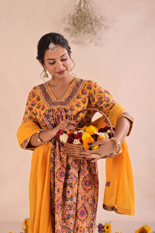 Floral Block Print Anarkali Gathered Cotton Suit Set - Yellow