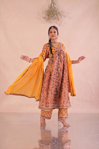 Floral Block Print Anarkali Gathered Cotton Suit Set - Yellow