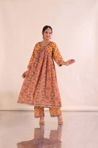Floral Block Print Anarkali Gathered Cotton Suit Set - Yellow