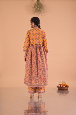 Floral Block Print Anarkali Gathered Cotton Suit Set - Yellow