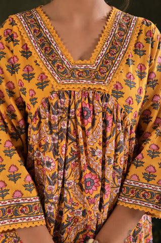 Floral Block Print Anarkali Gathered Cotton Suit Set - Yellow